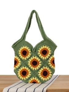 Sac fourre-tout mignon en coton crocheté fait main 2025, style décontracté, avec doublure, fermeture ouverte et deux poignées - Product Image 6