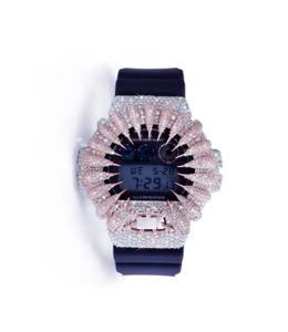 Montre en acier inoxydable à mouvement à quartz avec accent crâne en or rose, bracelet bleu marine, édition unisexe, cadran de 46 mm, style antique de luxe - Product Image 1