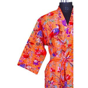 Indian Vintage Kantha Stitch Elegant Thermal Quilted Cotton <b>Kimono</b> Night Wear Dress Bikini Cover-Up Retro Women's Sleepwear - Product Image 4