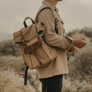 Large Canvas Travel Rucksack Vintage Leather <b>Backpack</b> Men Women Green and Tan LCB-0050 - Product Image 1