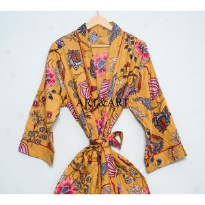 Pijama de mujer con estampado floral, kimono de dama de honor, traje de noche, túnica india, batas estampadas orgánicas 100% algodón con cuello en V frontal - Product Image 3
