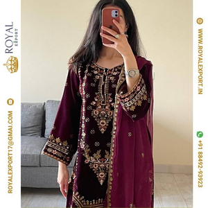 Pantalón de Terciopelo con Bordado Intenso y Dupatta, Estilo de Diseñador, Temporada de Invierno, Precio al por Mayor - Product Image 4