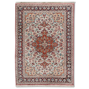 Tapis en soie noués à la main Gulmarg, grand format, motifs médaillon rouge-orange, formes géométriques pour la maison Pae-6443, pour salon et couloir - Product Image 1