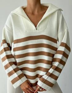 เสื้อสเวตเตอร์ลายทางขนาดใหญ่สำหรับผู้หญิง, เสื้อเบลาส์คอปกแบบลำลองถักลายทางไซส์ใหญ่พิเศษ2024ฤดูใบไม้ร่วง - Product Image 1