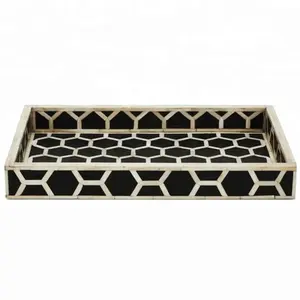 Latest Hottest selling 2024 black rectangular bone inlay resin serving tray chocolate serving bone inlay tray by royal decor mrt