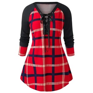 Camiseta larga holgada de gran descuento para mujer, camiseta informal a cuadros para mujer, ropa para mujer, camisetas - Product Image 2