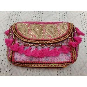 Bohemian <b>Embroidered</b> Handmade Suede <b>Clutch</b> <b>Bag</b> with Tassel Decoration and Tribal Pattern Small Size for Evening Use - Product Image 6