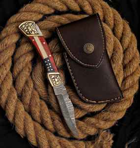 Navaja de Bolsillo Plegable de Acero de Damasco Hecha a Mano, Bandera Estadounidense, Grado Industrial, para Campamento al Aire Libre, Personalizada con Funda - Product Image 6