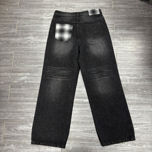 Pantalon en jean baggy personnalisé de haute qualité pour <span class=keywords><strong>homme</strong></span>, blanc et noir, taille mi-haute, coupe droite, avec liseré brut - Product Image 5