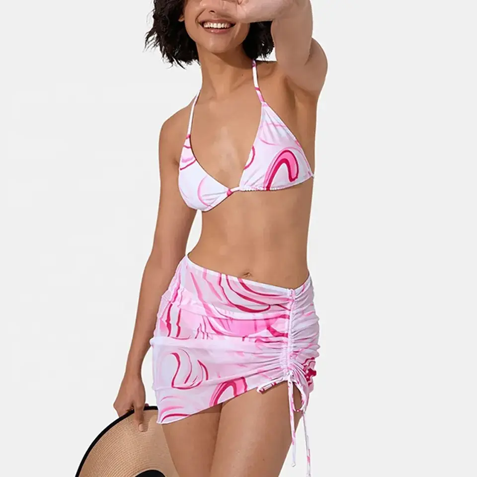 Custom Logo Wholesale Halter Strap Top Geometric Print Lace Up Side Adjustable Drawstring 3-Piece Thong Swimwear