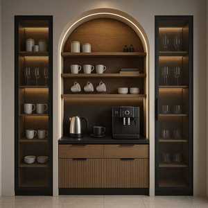 Luxury Modular Kitchen Coffee Unit With Marble Finish Cabinets <b>Wooden</b> <b>Shelves</b> Warm Led Lighting And Premium Interior - Product Image 4