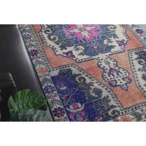 Tapis vintage 4,1x7,5 pieds, tapis turc, tapis en laine à bordures bleues - Product Image 3