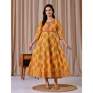 Vestido de algodón amarillo con estampado Butta Block, estilo bohemio, largo hasta el suelo, con botones, informal, para oficina, talla 5XL, transpirable, ODM para club - Product Image 3