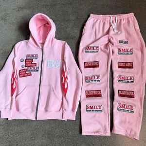 High Quality Winter Streetwear Vintage Heavyweight SweatSuit Cotton Fleece Embroidery Sweatpants French Terry Distressed Hoodie - Product Image 2