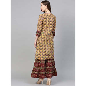 Ensemble droit Kurta & Sharara imprimé floral en coton moutarde pour femme - Product Image 4