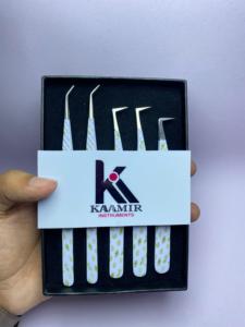 Kit de pince à épiler d'extension de cils en acier inoxydable imprimé blanc professionnel 5 pièces OEM ODM outils de cils en gros - Product Image 5