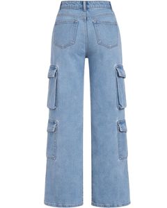 Pantalon cargo en denim bleu clair sur mesure pour femmes, taille haute, multi-poches, jambe large, coupe ample, streetwear, jean décontracté - Product Image 2