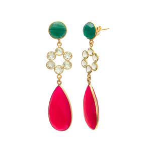 Pendientes colgantes dorados borlas flores en forma de chaceldonia fucsia y amatista verde, conjunto de piedras preciosas Esmeralda para mujeres y niñas - Product Image 1