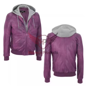 Blouson Bomber Homme en Cuir Véritable Violet avec Capuche Amovible, Bordure en Tricot Côtelé, Style Classique et Chaud pour l'Hiver - Product Image 2