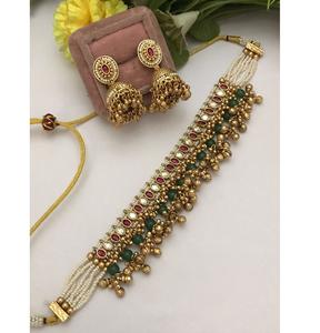 Ensemble collier et boucles d'oreilles en perles Polki plaquées or de qualité supérieure, style ethnique, pour collection de mariage, pour femmes - Product Image 1