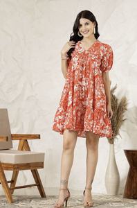 Vestido Tropical con Estampado, Corte Evase, Cuello en V, Manga Corta Abullonada, Fruncido o Plisado, Mini Vestido Evase de Algodón - Product Image 2