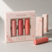 Boîte d'emballage personnalisée haut de gamme pour trio de teintures à lèvres imperméables, avec fenêtre en PET, insert en carton cadeau, ensemble de 3 couleurs liquides, vente en gros, marque privée