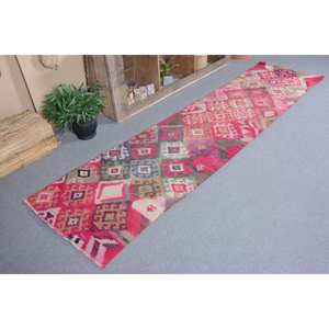พรมสไตล์ตุรกีโบราณ2.4x10.1ft การออกแบบการเย็บปะติดปะต่อกันสีชมพูวัสดุขนสัตว์ที่มีน้ำยางด้านหลังสำหรับตกแต่งห้องนั่งเล่นสำหรับวัยรุ่น - Product Image 1