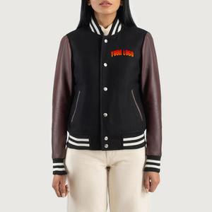 Chaqueta Universitaria de Motociclista de Cuero Genuino Borgoña OEM para Mujer, Estilo Casual, Puños Ajustables, Chaqueta Universitaria Vintage con Letras - Product Image 1