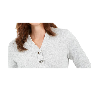 Maglione pullover da donna con scollo a V e collo Henley di Karen Scott, colore grigio, nelle taglie Petite X-Large - Product Image 2