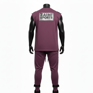 ชุดเซ็ตเสื้อกล้ามและกางเกงคาร์โก้ผู้ชาย ผ้าโพลีเอสเตอร์ผสมสแปนเด็กซ์เนื้อผ้าถักแบบมีลาย 240 GSM สีม่วง พร้อมโลโก้แบบรีดร้อน ชุด 2 ชิ้นสำหรับผู้ชาย - Product Image 2