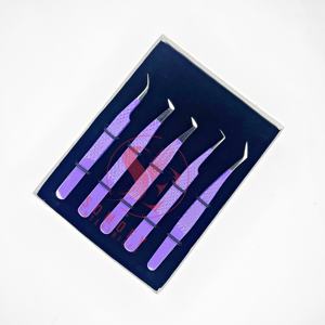 Pince à épiler professionnelle d'extension de cils Durable en acier inoxydable violet de haute qualité Logo personnalisé pointe de Fiber de Volume incurvée - Product Image 1