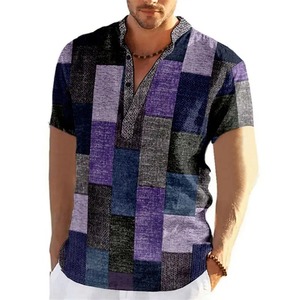 Camisetas de manga corta con cuello levantado para hombre, camisetas con estampado 3D de bloque de Color de retazos Vintage, camisetas para hombre, ropa para hombre - Product Image 3