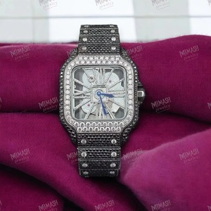 Montre glacée à cadran squelette de luxe avec pierres CZ noires et blanches, mouvement mécanique, montre de mode unisexe à visage carré - Product Image 4