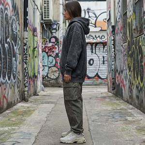 High Quality Polyester/Cotton French Terry Oil Wash Winter Hoodie Women Distressed Charcoal Streetwear Blank 3D Embroidery - Product Image 3