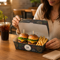 Boîte à hamburger personnalisée résistante à la graisse pour les sliders et les chaînes de restaurants de hamburgers gastronomiques aux États-Unis et au Royaume-Uni, emballage en papier de qualité alimentaire standard
