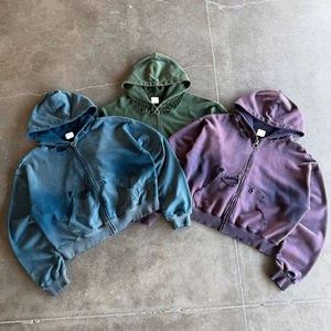 Custom Oversized Boxy Cropped <b>Hoodie</b> French Terry Blank Boxy Distressed Acid Wash Plain <b>Zip</b> up Pullover <b>Hoodie</b> Men - Product Image 1