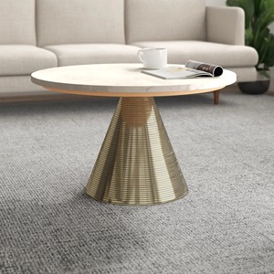 Table basse en marbre blanc écologique avec base en métal doré, table d'appoint ronde moderne pour le salon - Product Image 5