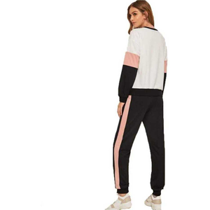 Survêtements pour femmes de haute qualité en contraste de couleur Street Wear Polyester Fleece Zipper Hoodie et ensembles de pantalons - Product Image 1