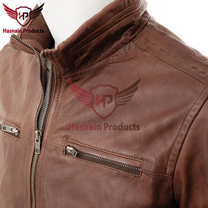 Blouson de motard en cuir véritable marron pour homme, col montant, en cuir de vachette, épaules matelassées, poches zippées, personnalisé, classique, chaud pour l'hiver - Product Image 3