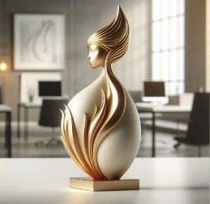 Trofeo moderno de busto abstracto dorado con curvas elegantes. Premios de lujo disponibles a precios de mayoreo. - Product Image 1