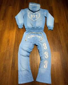 Custom Men Heavyweight Streetwear Oversized Cropped Acid Wash Distressed Rhinestone <b>Sweatpants</b> and Hoodie <b>Set</b> - Product Image 4