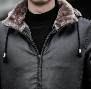 Nouvelle veste en cuir décontractée mince pour hommes avec col en fourrure coupe-vent à capuche automne hiver Style Streetwear grande taille disponible - Product Image 5