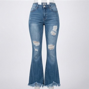 <b>Women</b> Breathable Flare <b>Jeans</b> Wholesale <b>Baggy</b> Denim Pants Custom Logo Mid Waist Thick Fabric Distressed Casual Premium Trousers - Product Image 1