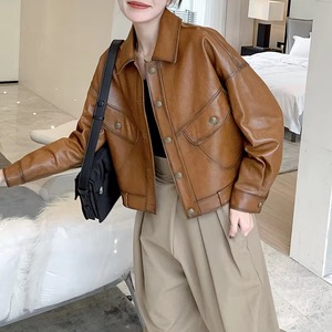 Veste en cuir courte à motif ample Plus Veste en cuir de moto pour femme avec bouton - Product Image 1