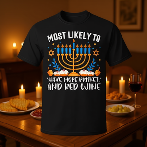 Camiseta Promocional para Hombre de Hanukkah Judía con la Frase: "Más Probable de Comer Más Brisket y Vino Tinto" - Product Image 3