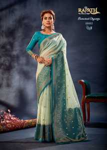 Sari de Órganza de Seda Banarasi con Pallu Enriquecido en Contraste para Mujer, para Ocasiones Especiales, Marca FABZONE - Product Image 4