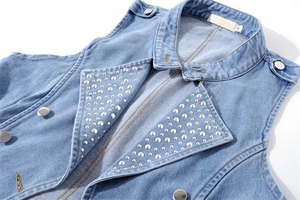 100% coton personnalisé sans manches Denim veste pour femmes Premium lavé à capuche jean veste rayé Rivet nouveau élégant respirant - Product Image 2