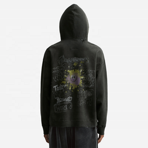 Sudadera con capucha lavada con ácido vintage unisex, logotipo de impresión personalizado, algodón transpirable, sin cuerdas, grafiti, peso pesado, sólido desgastado - Product Image 4