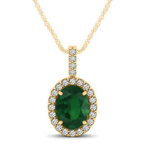14K Yellow Gold Emerald & Diamond Halo Oval <b>Pendant</b> <b>Necklace</b> (1.02ct) - Product Image 2