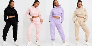 High Quality 100% Cotton 2Pcs Blue Boxy Fleece V-neck Loungewear Tracksuit Women Knitted Lace Sports Jogging Top Pant Breathable - Product Image 5